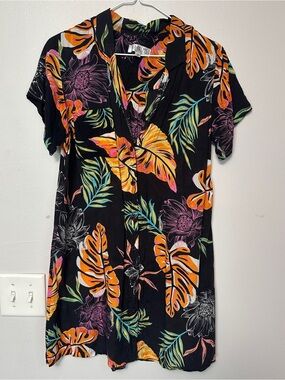 Floral V-Neck Mini Dress in Black with Tropical Print